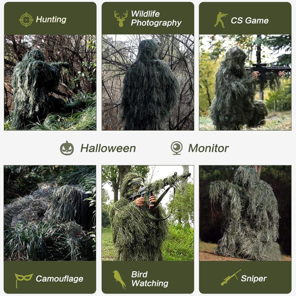 MOPHOTO 5 in 1 Ghillie Suit, 3D Camouflage Hunting Apparel Including Jacket, Pants, Hood, Carry Bag Suitable for Unisex Adults/Youth (M/L/XL/XXL)