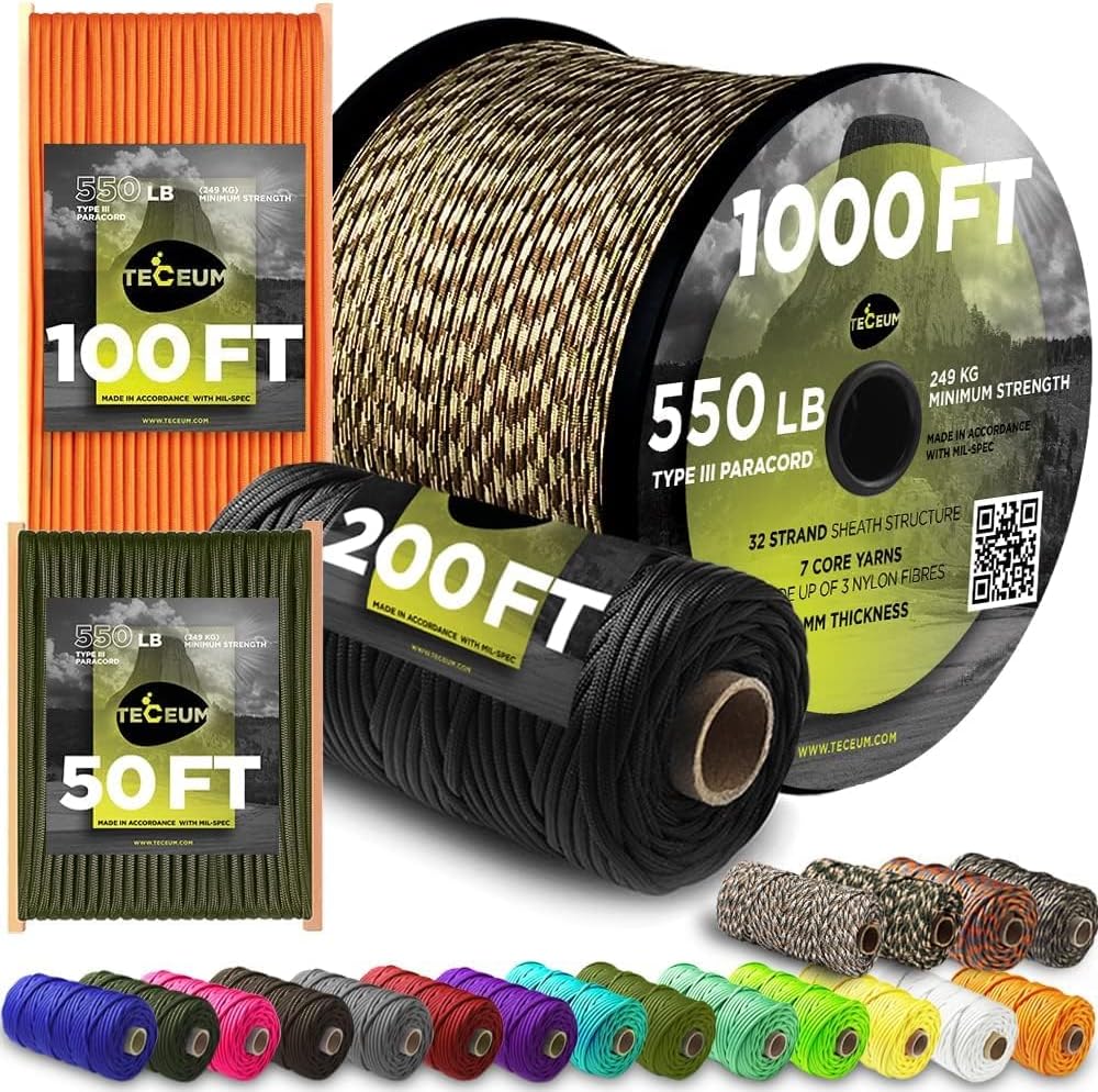 TECEUM Paracord 550 lb – Ideal for Crafting, DIY Projects, Camping, Military Active Outdoors – 40+ Colors – Tactical Parachute Cord Type III – Strong Survival Rope