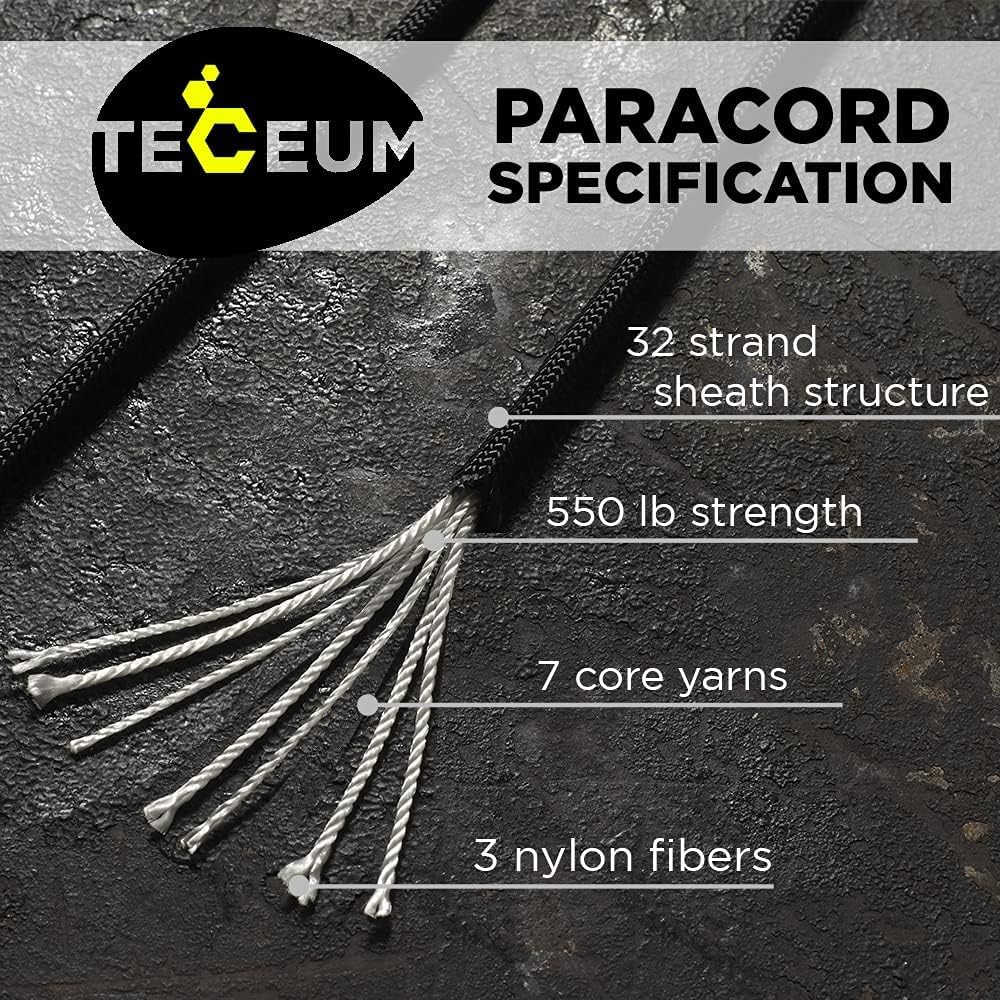 TECEUM Paracord 550 lb – Ideal for Crafting, DIY Projects, Camping, Military Active Outdoors – 40+ Colors – Tactical Parachute Cord Type III – Strong Survival Rope